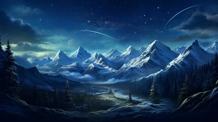 A nocturnal view of a snow-covered mountain range under the shimmering light of the stars, displaying the serene grandeur of the nighttime snowy peaks - Generative AI