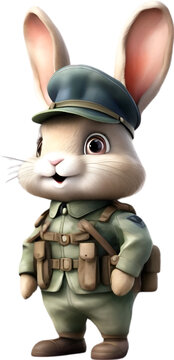 Watercolor of a cute cartoon rabbit in a soldier costume. 