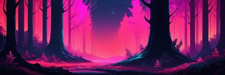Fabulous neon night forest. Bright lighting. Colorful illustration. Beautiful landscape. Pink, blue and black colors. Fantasy.