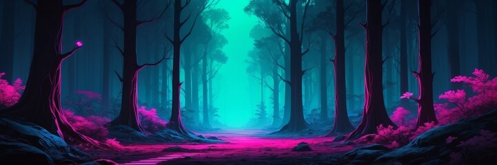 Fabulous neon night forest. Bright lighting. Colorful illustration. Beautiful landscape. Pink, blue and black colors. Fantasy.