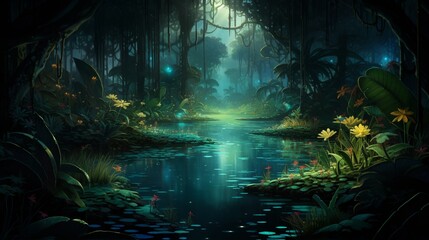 A nocturnal view of a tropical jungle with glowing bioluminescent plants, portraying the mysterious and enchanting beauty of a nighttime rainforest - Generative AI