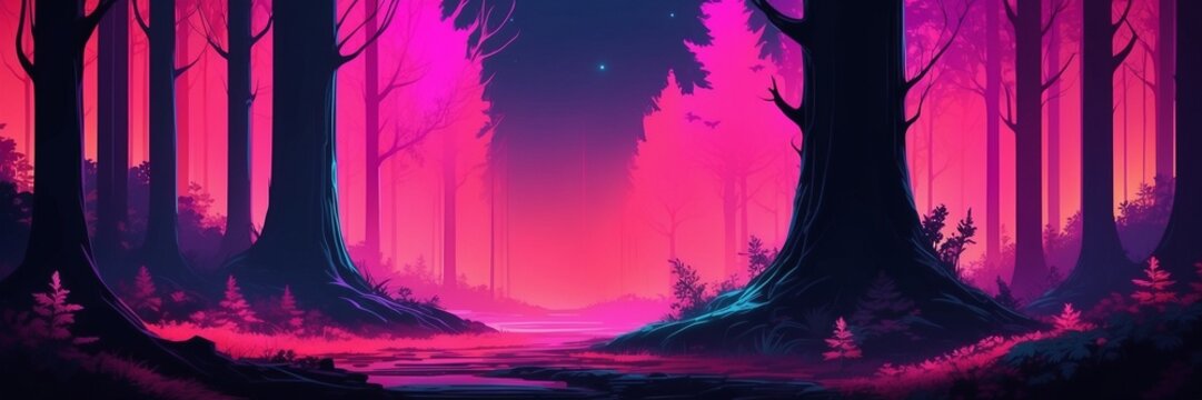 Fabulous neon night forest. Bright lighting. Colorful illustration. Beautiful landscape. Pink, blue and black colors. Fantasy.