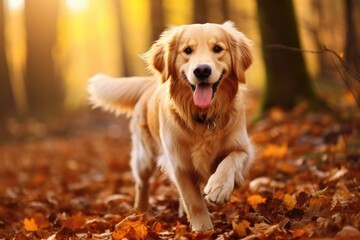 A golden retriever joyfully dashes through a colorful forest, with leaves flying in its wake, Happy golden retriever dog on Autumn nature background, AI Generated