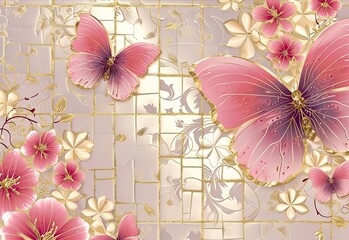 pink butterflies and floral wallpaper with gold tiles, in the style of pure color, aggressive quilting, ceramic tapestries.