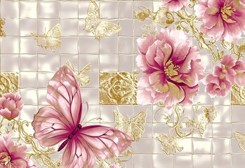 pink butterflies and floral wallpaper with gold tiles, in the style of pure color, aggressive quilting, ceramic tapestries.