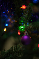 A round bulb glittering on a Christmas tree.