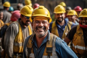 A group of men working at a construction site wearing hard hats and safety gear, Happy of team construction worker, AI Generated