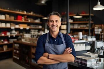 Man Standing in Store With Arms Crossed, Happy Professional Shop assistant of retail store at counter with big smile in home improvement retail, AI Generated