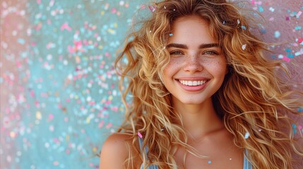 Joyful young woman with confetti celebrating happiness and fun
