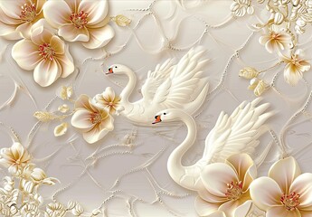Swans in water on top of white flowers, in the style of gold and beige, luminous 3d objects, vibrant murals, 32k uhd, modern jewelry, asymmetric designs, decorative borders.