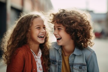 Two young girls burst into laughter while enjoying each others company on a bustling city street, Happy siblings smiling broadly while communicating, AI Generated