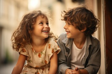 Two children, one boy and one girl, sitting side by side on a bench and engaged in conversation, Happy siblings smiling broadly while communicating, AI Generated