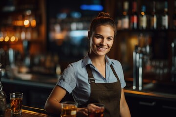 A woman wearing an apron stands confidently behind the bar counter, happy young female barkeeper pouring beer into glass while working in bar looking at camera, AI Generated