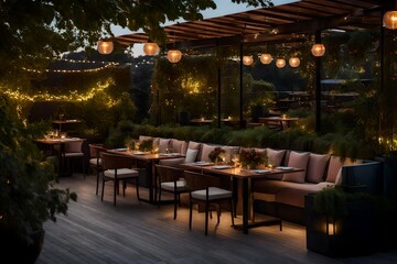a rooftop garden restaurant at dawn, with lush greenery, ambient lighting,