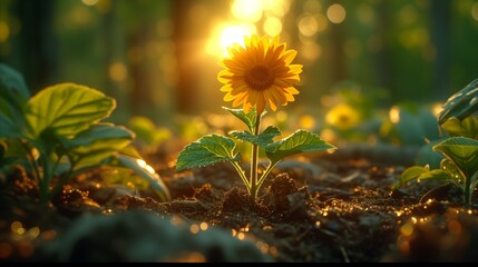 Vibrant sunflower basking in golden sunrise light in forest