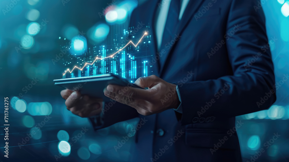 Poster businessman in a dark suit using a tablet with holographic financial charts projected in front of hi