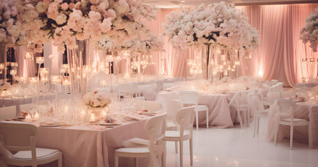 
Incredible beautiful wedding reception, high-class elegant event, set tables, lighting, breathtaking, exquisite pink glow - obrazy, fototapety, plakaty
