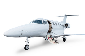 Close-up of the white modern business jet with an opened gangway door isolated