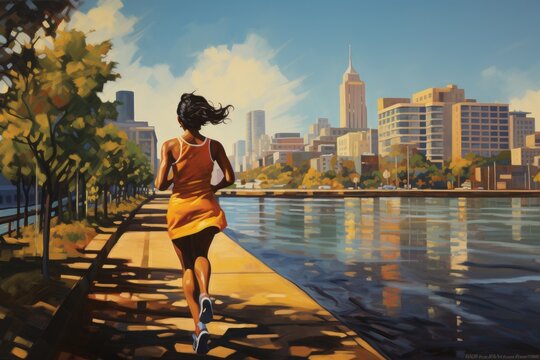 A dynamic painting capturing the motion of a woman running down a busy urban sidewalk, Hispanic woman running near urban waterfront, AI Generated