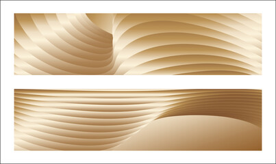 Wavy golden parallel gradient lines, ribbons, silk. Golden with shades of yellow background, banner, poster. Set of 2 backgrounds. Eps vector