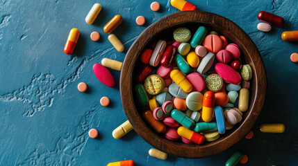 Variety of colorful pills and capsules are scattered and contained within a dark wooden bowl on a textured blue surface.