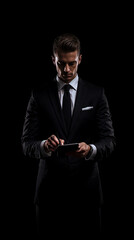 Portrait of young businessmans use ipad on dark background