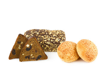 Bread and buns with seeds, nuts and dried fruits isolated on white. Free space for text. Collage.