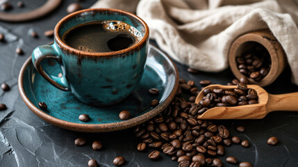 Close-up of a dark teal ceramic coffee cup full of black coffee, placed on a matching saucer. - obrazy, fototapety, plakaty