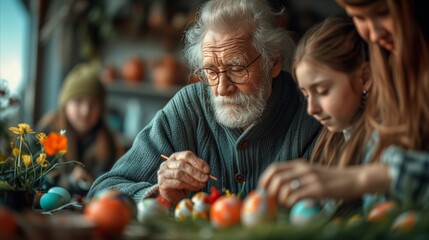 Elderly man with family decorating easter eggs at home
