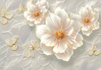 white abstract gold flower wallpaper floral wallpaper decoration, in the style of meticulous mosaics, uhd image, romantic charm.