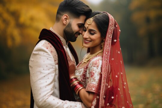 A joyful bride and groom stand side by side, smiling for a beautifully captured wedding picture, Indian Happy and beautiful bride and groom gently cuddle in the park, AI Generated