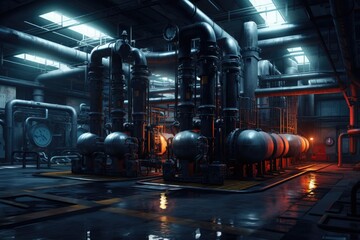 A massive industrial facility exhibiting a complex network of pipes and structures, Industrial technology concept, AI Generated