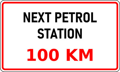 Vector graphic of road sign showing the next internal combustion (ice) fuel station is 100 kilometers away. This information would be useful in reducing range anxiety