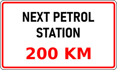 Vector graphic of road sign showing the next internal combustion (ice) fuel station is 200 kilometers away. This information would be useful in reducing range anxiety