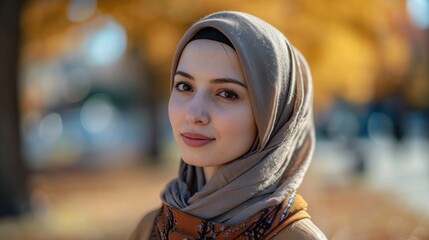 Portrait of a Hijab-Wearing Woman, modern and empowered, against a backdrop of a city park in gentle daylight