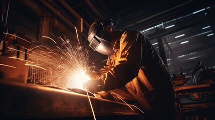 Skilled welder in protective gear performing intricate metalwork, sparks flying in a dramatic display of craftsmanship and industry.