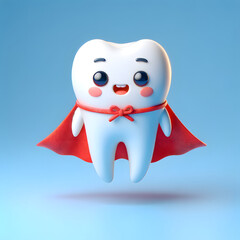 Fototapeta premium little tooth wearing a red cape, floating in mid-air. The tooth is centered on a clean, blue background