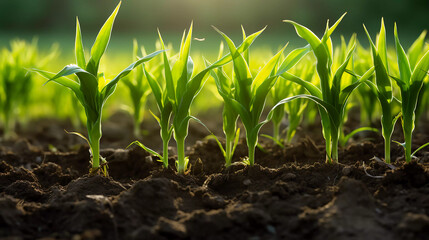 Rows of young corn plants growing on the field 