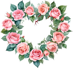 Obraz premium Watercolor painting of heart-shaped rose wreath.