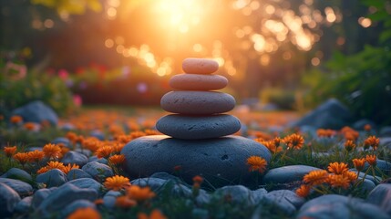 Zen stones in serene garden at sunset with orange flowers - obrazy, fototapety, plakaty