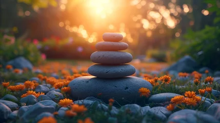 Keuken spatwand met foto Zen stones in serene garden at sunset with orange flowers © OKAN