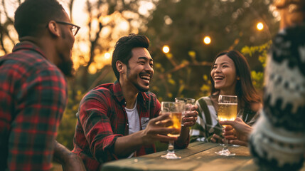 Group of friends is enjoying a lively conversation over drinks at an outdoor gathering during golden hour. - obrazy, fototapety, plakaty