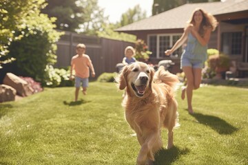 a beautiful family of four, all smiles, playing catch with a flying disc on their backyard lawn. A happy golden retriever joyfully joins the game