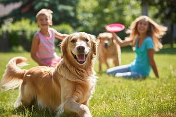 a beautiful family of four, all smiles, playing catch with a flying disc on their backyard lawn. A happy golden retriever joyfully joins the game