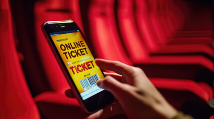 Person's hand holding a smartphone with a digital online ticket on the screen, with a blurred background featuring red theater or cinema seats. - obrazy, fototapety, plakaty