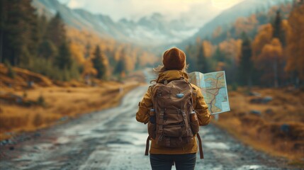 Solo traveler with map exploring autumn mountains on a misty day - obrazy, fototapety, plakaty