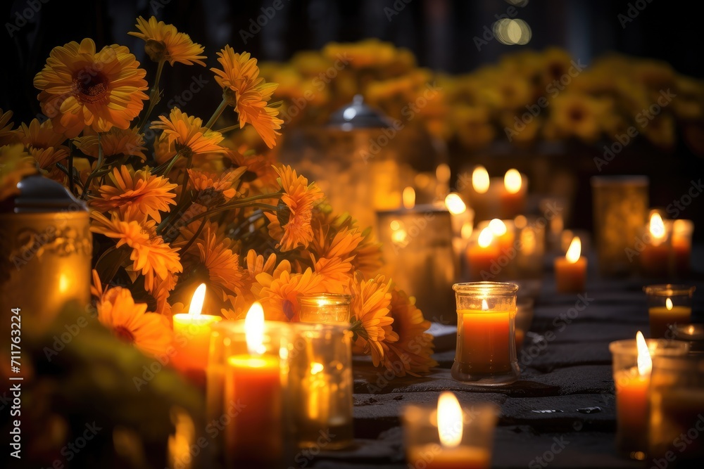 Poster a table adorned with an abundance of flickering, luminous candles creating a cozy and inviting atmos