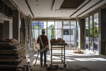 A man stands in a room that is currently being constructed, General contractor inside a modern building house, AI Generated