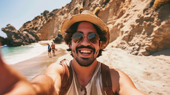 Cheerful man with a beard is taking a selfie at the beach, wearing a straw hat and sunglasses