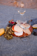 Appetizing snacks and fruits with two glasses of white wine on picnic